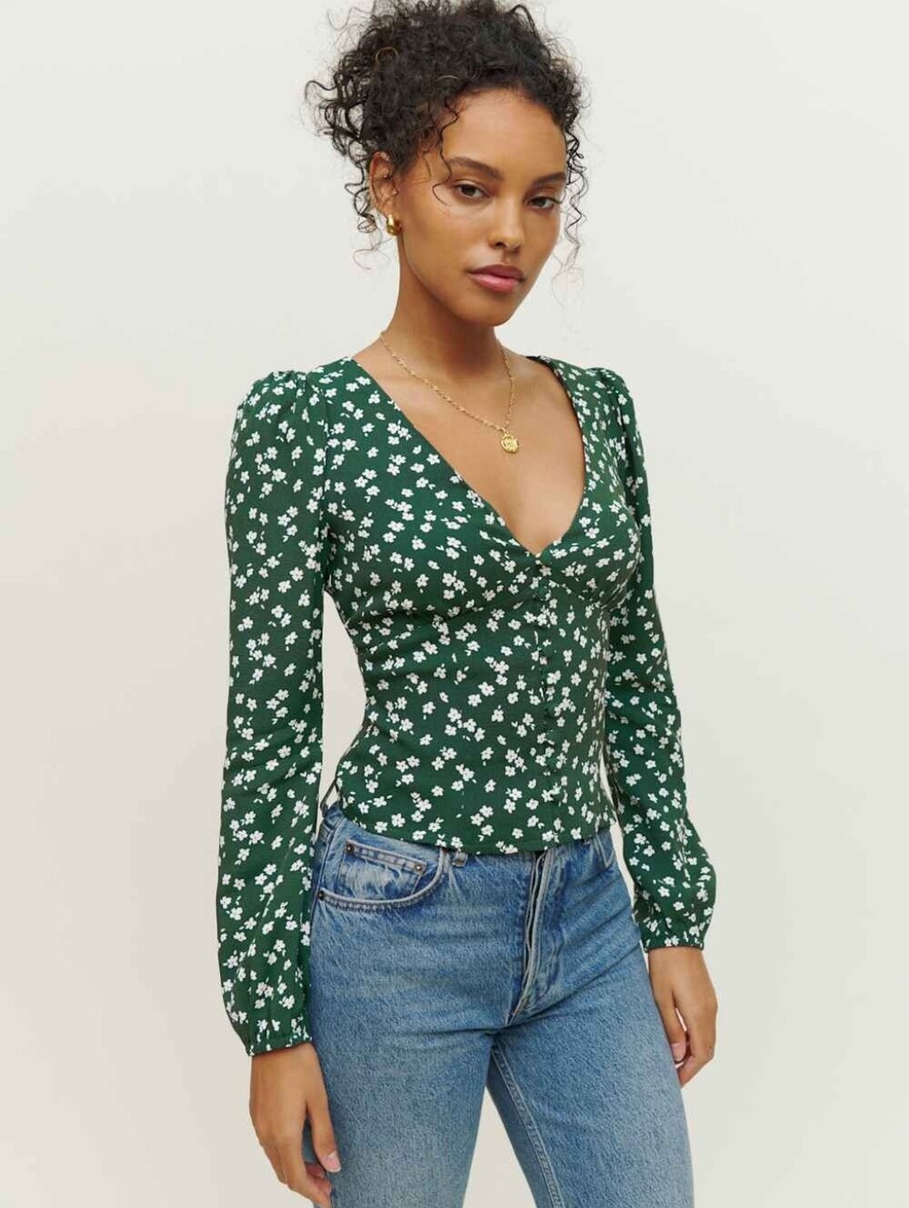Reformation Nell Green Floral Long Sleeve Button Front Top Womens Size XS